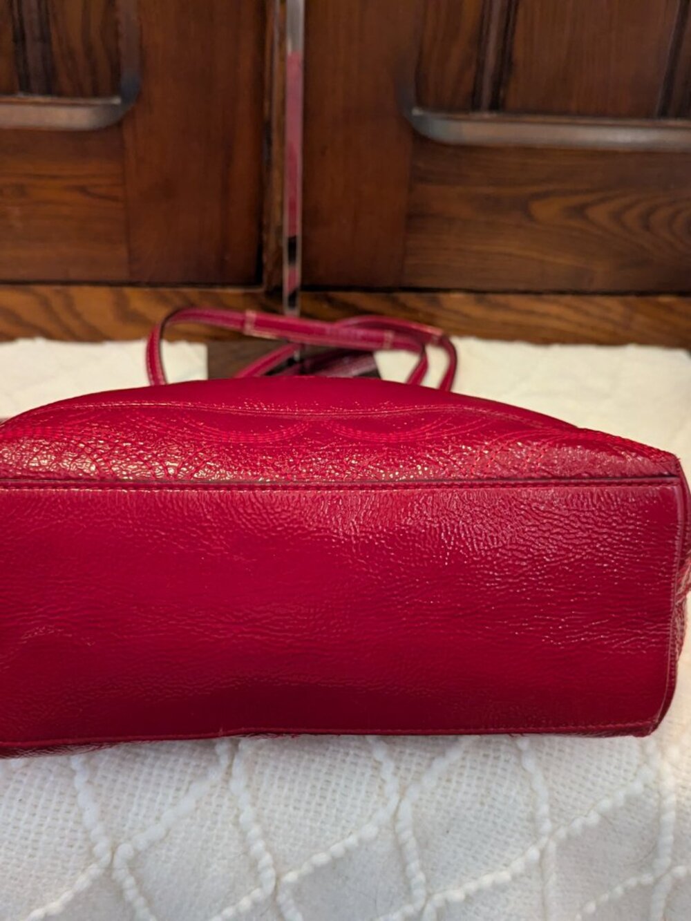 Coach Signature Striped Stitch Red Patent Leather Tote F19198 - Picture 6 of 12